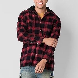 NWT Arizona Mens 2XLT Flannel Hooded Shirt Jacket Red Black Plaid